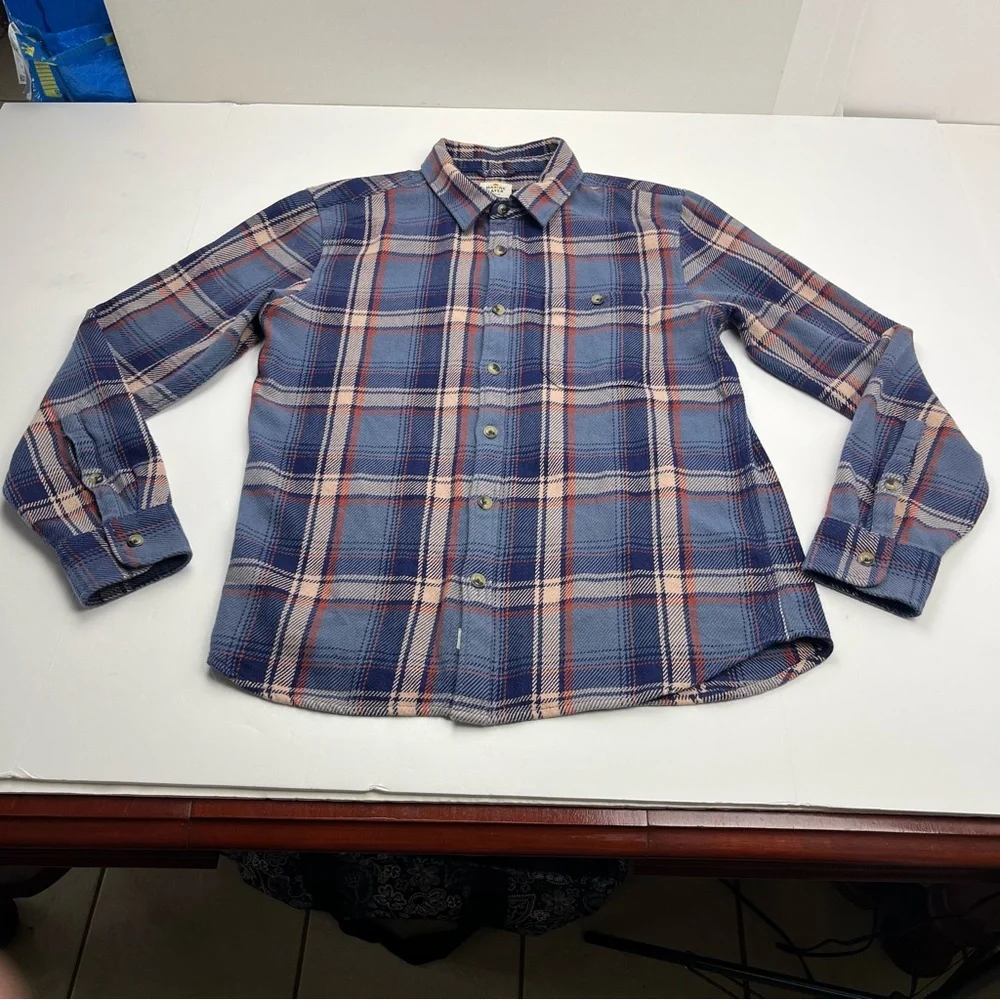 Marine Layer Mens Medium Cole Textured Twill Blue Plaid Long Sleeve Button Shirt